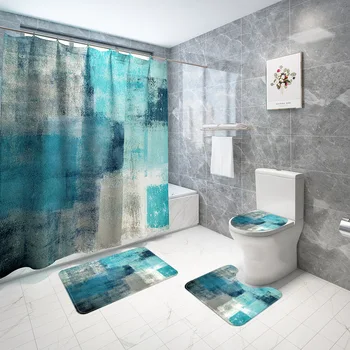 Soyut Mavi Su Geçirmez Duş Perdesi Kaymaz Banyo Halıları Tuvalet Kapağı mat seti Ev banyo Dekoru banyo perdesi Kanca ile Set