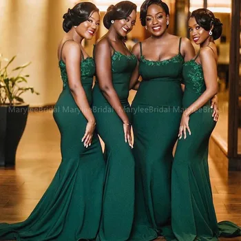 Spagetti Sapanlar Koyu Yeşil Nedime Elbiseler Afrika Kadınlar için Kukuletası Boyun Mermaid Düğün Parti Elbise Hizmetçi Resepsiyon Önlük 0