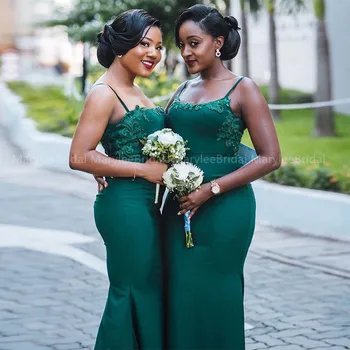 Spagetti Sapanlar Koyu Yeşil Nedime Elbiseler Afrika Kadınlar için Kukuletası Boyun Mermaid Düğün Parti Elbise Hizmetçi Resepsiyon Önlük 1