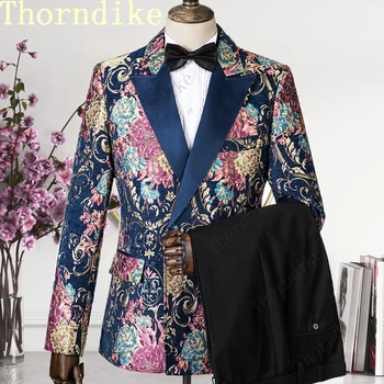 Thorndike Yeni Moda Damat Lacivert Jakarlı Smokin erkek Giyim Düğün Parti Sağdıç Takım Elbise terno 2019 (Ceket + Pantolon + Yelek)