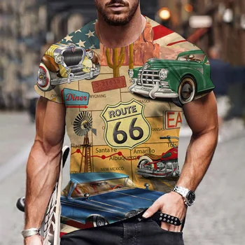 Vintage kısa kollu erkek tişört Üst Rota 66 Biker Baskı Büyük Boy O-boyun Giyim Sokak günlük t-Shirtfor Yeni Erkek Kazak