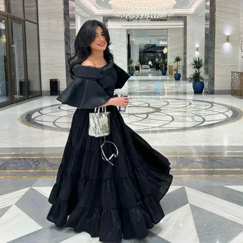 Vintage Uzun Siyah Tafta Yüksek Boyun Abiye A-Line Pileli Kat Uzunluk فساتين سهرة Balo Resmi Elbise kadınlar için