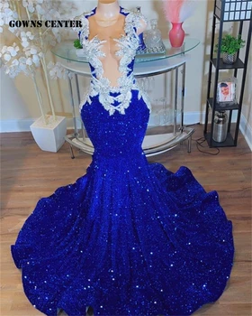 Zarif Kraliyet Mavi Pullu balo kıyafetleri Siyah Kızlar İçin O Boyun Gümüş Boncuklu Aplike Mermaid Kokteyl Elbise Örgün Durum elbise