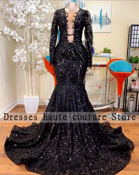 Zarif Siyah Mermaid Uzun Kollu balo kıyafetleri Yüksek Boyun Pullu Siyah Kızlar Abiye giyim 2023 İçin Parti Elbise