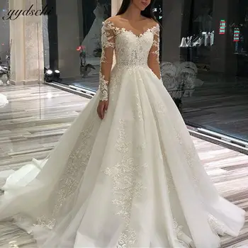 Zarif Uzun Kollu Scoop Boyun A-Line düğün elbisesi 2023 Dantel Aplikler Prenses Illusion Backless gelin kıyafeti Vestido De Noiva