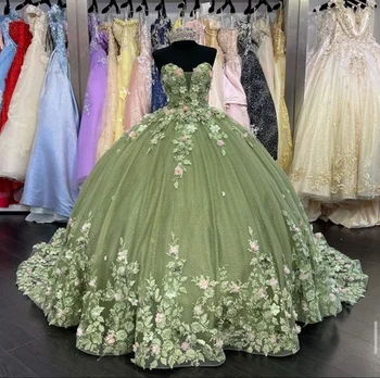 Zeytin Dantel Quinceanera Elbiseler Tatlı 16 17 Doğum Günü Partisi Törenlerinde Aplike Ruffles Tül Prenses Vestido De 15 Anos