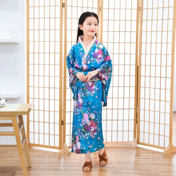 Çocuk Yenilik Mavi Floaral Elbise Japon Bebek Kız Baskı Kimono Elbise Çocuk Vintage Yukata Çocuk Kız Dans Kostümleri