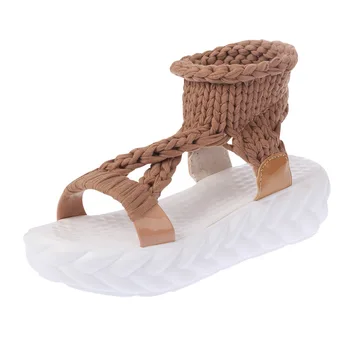 Örme Yün Sandalet Kadın Platformu Kama Sandalet Elastik Yaz Ayakkabı Örgü Düz Sandalet İçi Boş Kadın Düz Rahat Sandalias