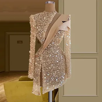 Şampanya Kokteyl Elbiseleri Kılıf Uzun Kollu Kısa Mini Sequins İnciler Mezuniyet Elbiseleri Haute Couture